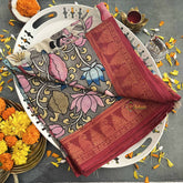 Vriksham Indian Folk Art Printed With Red Border Pen Kalamkari Saree-VS4801